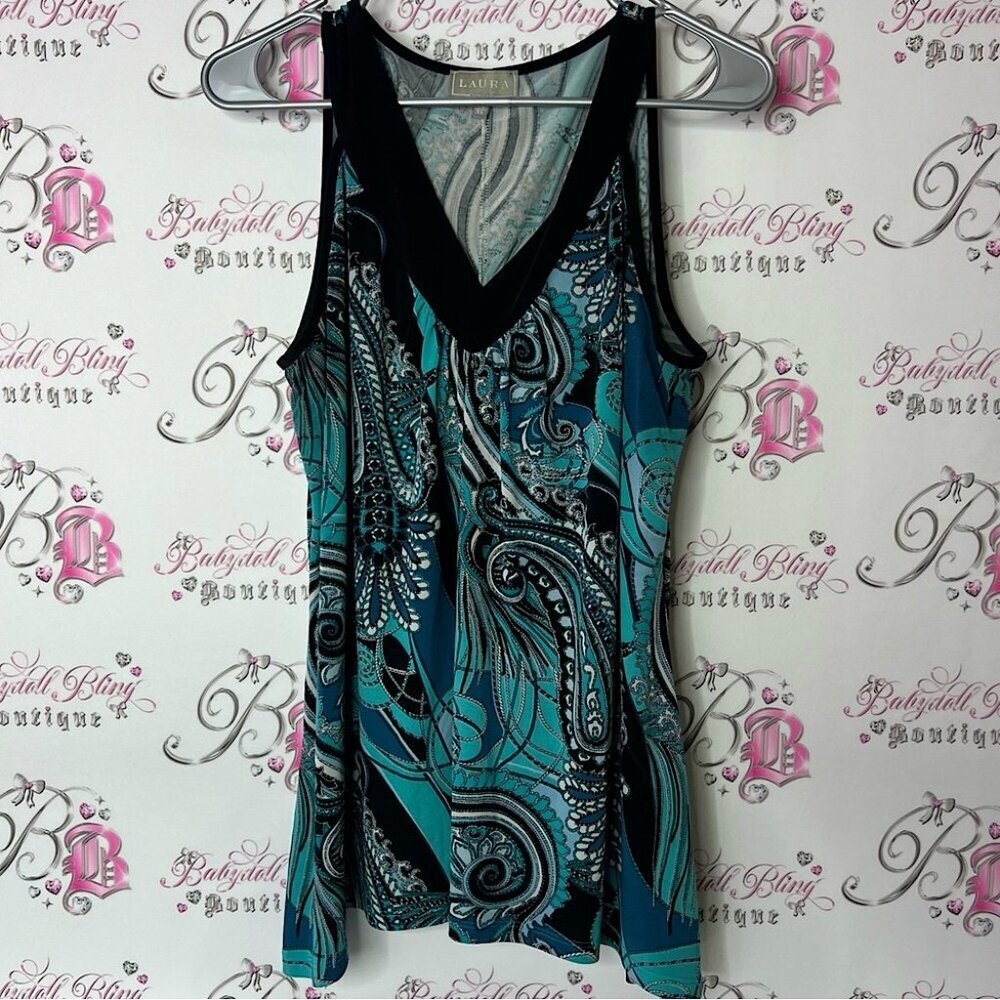 Laura tank top paisley Black and Blue Graphic Tank Top stretchy Vneck